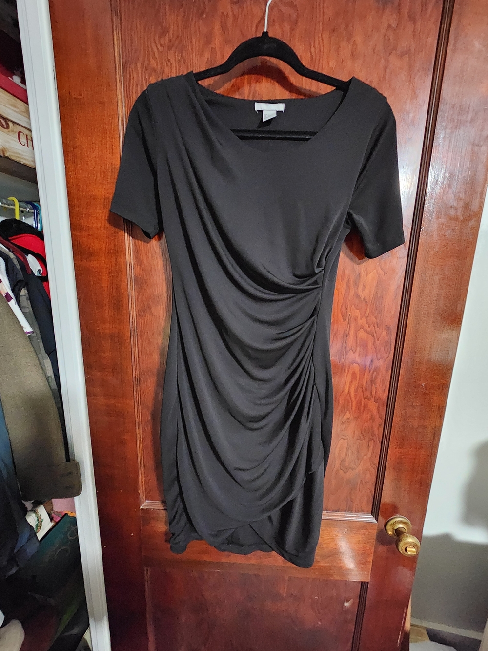 H&M Black Ruched Side-Drape Short Sleeve Mini Dress Size S EUC